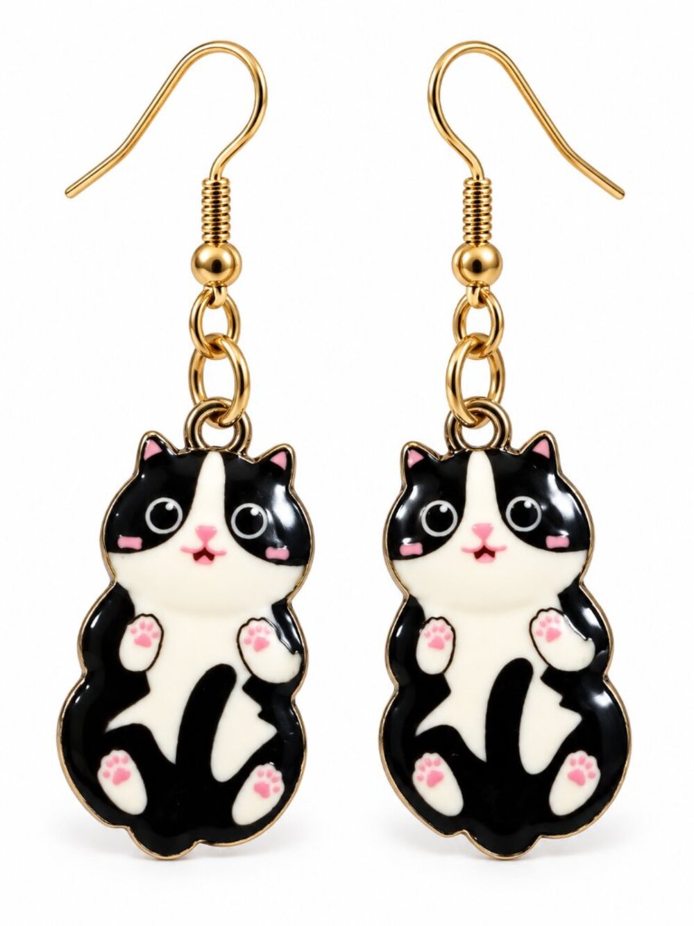 Black White Tuxedo Cat Enamel Earrings